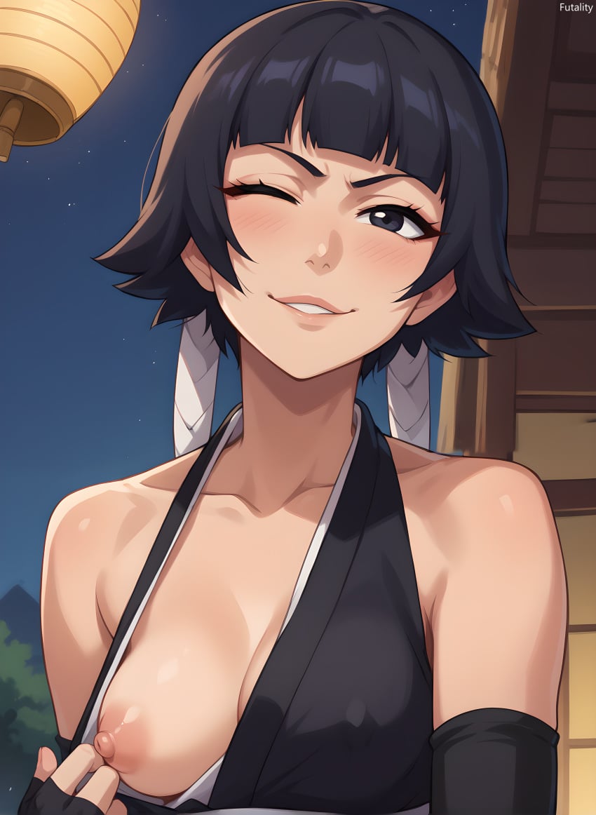 ai_generated bleach blush erect_nipples erect_nipples_under_clothes exhibitionism female flashing flashing_breasts futality japanese_clothes looking_at_viewer medium_breasts one_breast_out outdoors seductive seductive_look smile smirk soifon solo wink