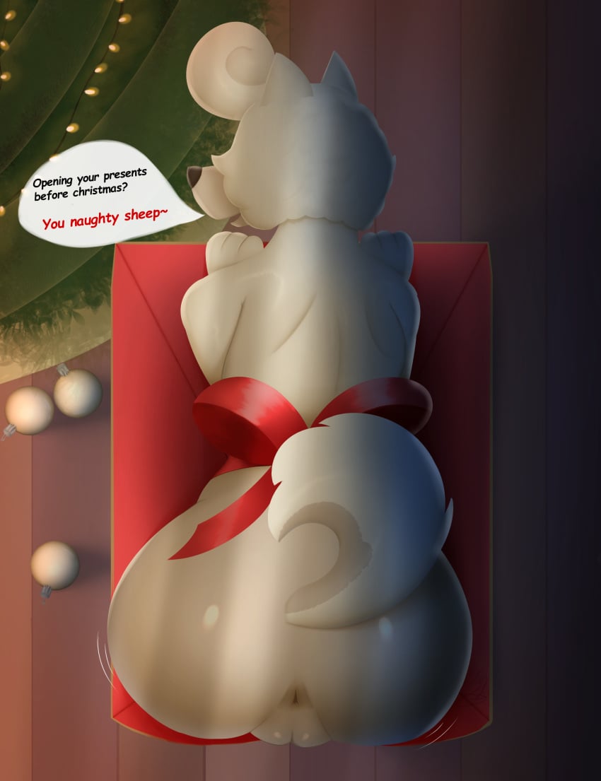 absurd_res anthro ass beatbox474 big_butt bluey_(series) bow_ribbon box canid canine canis chow_chow christmas christmas_decorations christmas_lights christmas_tree container digital_media_(artwork) domestic_dog english_text female fur genitals gift gift_bow gift_box hi_res holidays mammal nude plant pussy simple_background smile solo spitz tail text tree wendy_(bluey)