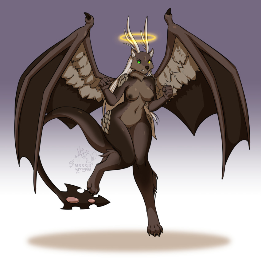 anthro antlers breasts dragon female horn hybrid kittydee looking_at_viewer mammal mustelid nipples nude pussy solo standing wings wolverine