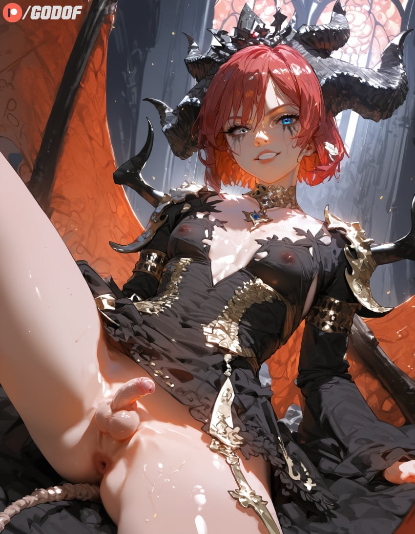 1femboy ai_generated diablo diablo_4 femboy flat_chest godof lilith_(diablo) patreon small_breasts small_penis yaoi