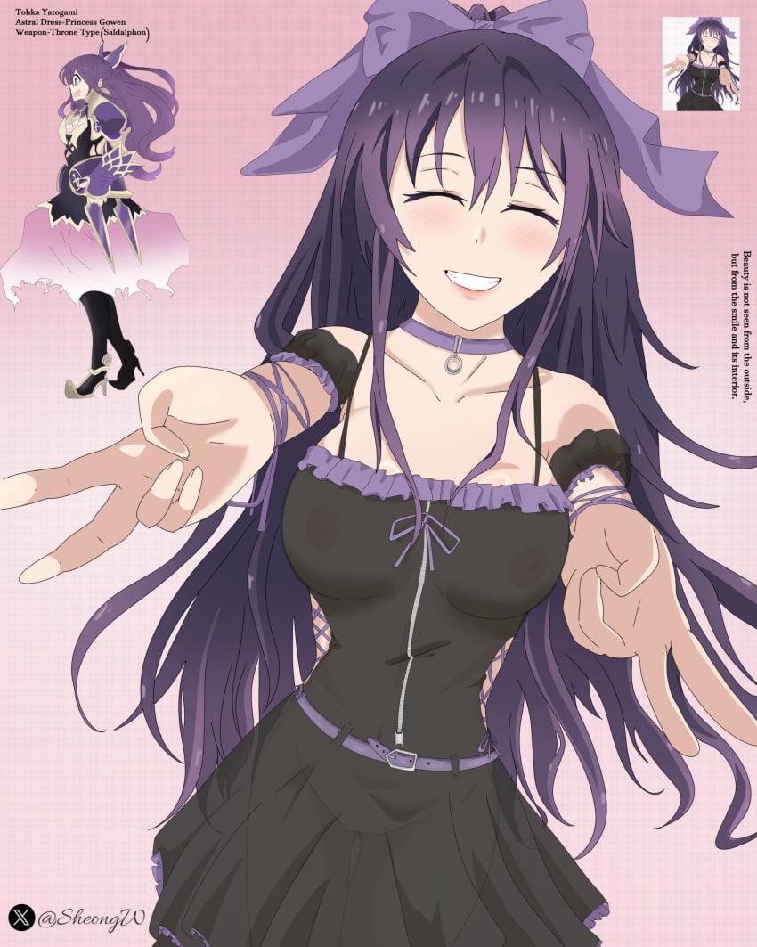 collar cute_face date_a_live datealive female girl lips long_hair peace_sign purple_hair sheong_wong smile transparent_clothing visible_nipples yatogami_tohka young