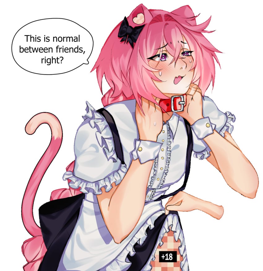 1boy astolfo_(fate) cat_ears cat_tail catboy censored collar crossdressing dress dress_lift embarrassed english_text femboy femboy_maid friends_with_benefits kampwt leash maid maid_outfit maid_uniform petplay pink_hair solo