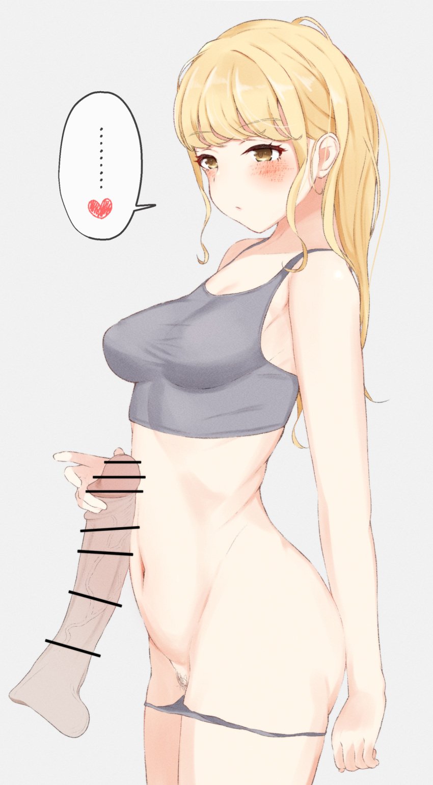 absurdres bar_censor blonde_hair blush breasts censored chita_ma_hiro disembodied_penis erection female fujita_kotone gakuen_idolmaster heart highres idolmaster long_hair midriff navel oerba_yun_fang penis penis_on_stomach pubic_hair simple_background solo_focus speech_bubble spoken_heart sports_bra stomach straight white_background yellow_eyes