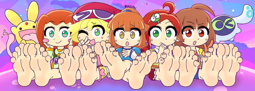 2others 5girls :d :o accurate_art_style ahoge ally_(puyo_puyo) amitie andou_ringo arle_nadja atari_(puyo_puyo) belt blonde_hair breastplate brown_hair bunnysuit carbuncle_(puyo_puyo) clothed clothing etsupai feet flipped_hair foot_fetish green_eyes happy hat heart heart-shaped_pupils highres long_tongue looking_at_viewer madou_monogatari multiple_girls open_mouth orange_hair ponytail purple_background puyo_puyo puyo_puyo_artstyle puyo_puyo_fever puyo_puyo_puzzle_pop puyo_puyo_quest red_eyes red_hair school_uniform sega shirt short_hair shorts skirt symbol-shaped_pupils tongue tongue_out too_many_tags yellow_eyes