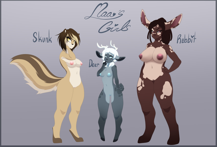 anthro big_breasts breasts cervine deer female group lagomorph looking_at_viewer mammal nipples nude puccaruu pussy rabbit skunk standing