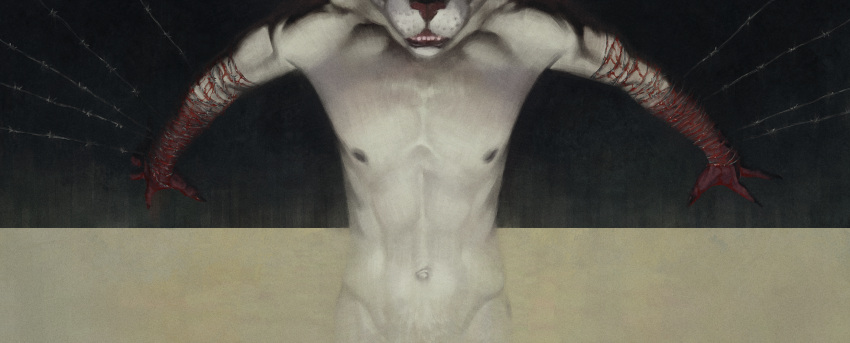 2023 anthro blood blood_drip blood_drop blood_on_hand bodily_fluids bra1neater digital_media_(artwork) domestic_cat dripping felid feline felis half-length_portrait hi_res male mammal nipples nude portrait solo string teeth