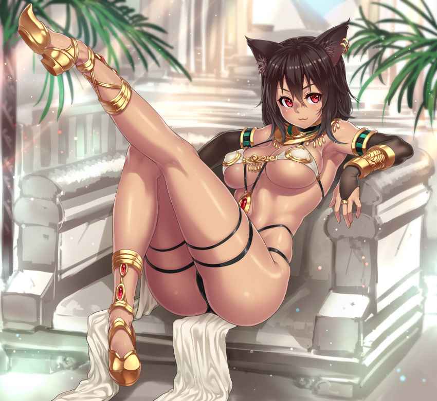 1girls :3 animal_ears armlet armpits bare_shoulders bastet_(houtengeki) bikini black_hair blush bracelet bracer breasts bridal_gauntlets brown_hair cat_ears dark-skinned_female dark_skin earrings egyptian elbow_gloves female female_only gloves gold_(metal) gold_heels gold_jewelry hair_between_eyes houtengeki jewelry jewelry_between_breasts kneepits large_breasts looking_at_viewer necklace original pelvic_curtain red_eyes sitting smile solo swimsuit thigh_strap thighs underboob usekh_collar