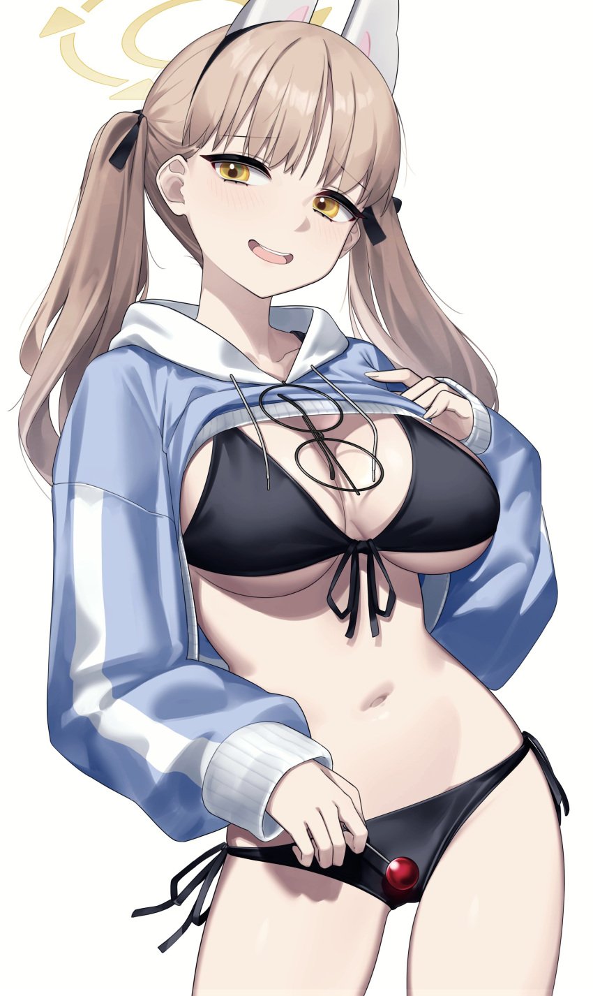 1girls absurdres animal_ears bikini black_bikini blue_archive blue_hoodie breasts brown_eyes brown_hair candy cleavage clothes_lift contrapposto cowboy_shot cropped_hoodie drawstring eyewear_hang fake_animal_ears food front-tie_bikini_top front-tie_top glasses hair_ribbon hairband halo hand_up highres holding holding_candy holding_food holding_lollipop hood hoodie hoodie_lift large_breasts lifting_own_clothes lollipop long_hair long_sleeves looking_at_viewer moe_(blue_archive) moe_(swimsuit)_(blue_archive) navel no_pants official_alternate_costume open_mouth ribbon round_eyewear side-tie_bikini_bottom simple_background smile solo stomach string_bikini swimsuit twintails underboob unworn_eyewear wakamepiza white_background yellow_eyes yellow_halo