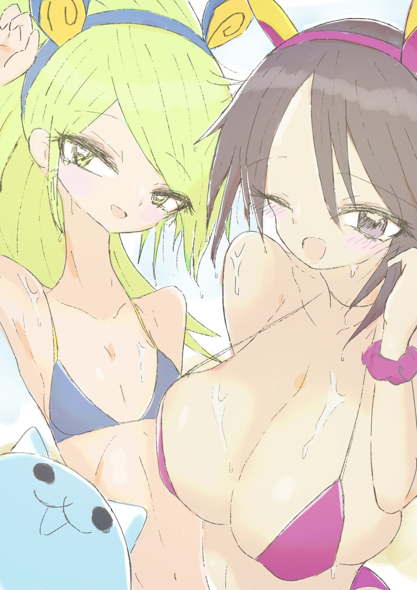 2girls bikini blue_bikini breasts brown_hair cat_(battle_cats) flat_chest galaxy_gals giraffe_one6006 green_eyes green_hair grey_eyes headband huge_breasts large_breasts light_skin long_hair looking_at_viewer nipple_bulge nyanko_daisensou purple_bikini smile smiling_at_viewer sweat the_battle_cats thundia waist_up windy_(battle_cats)