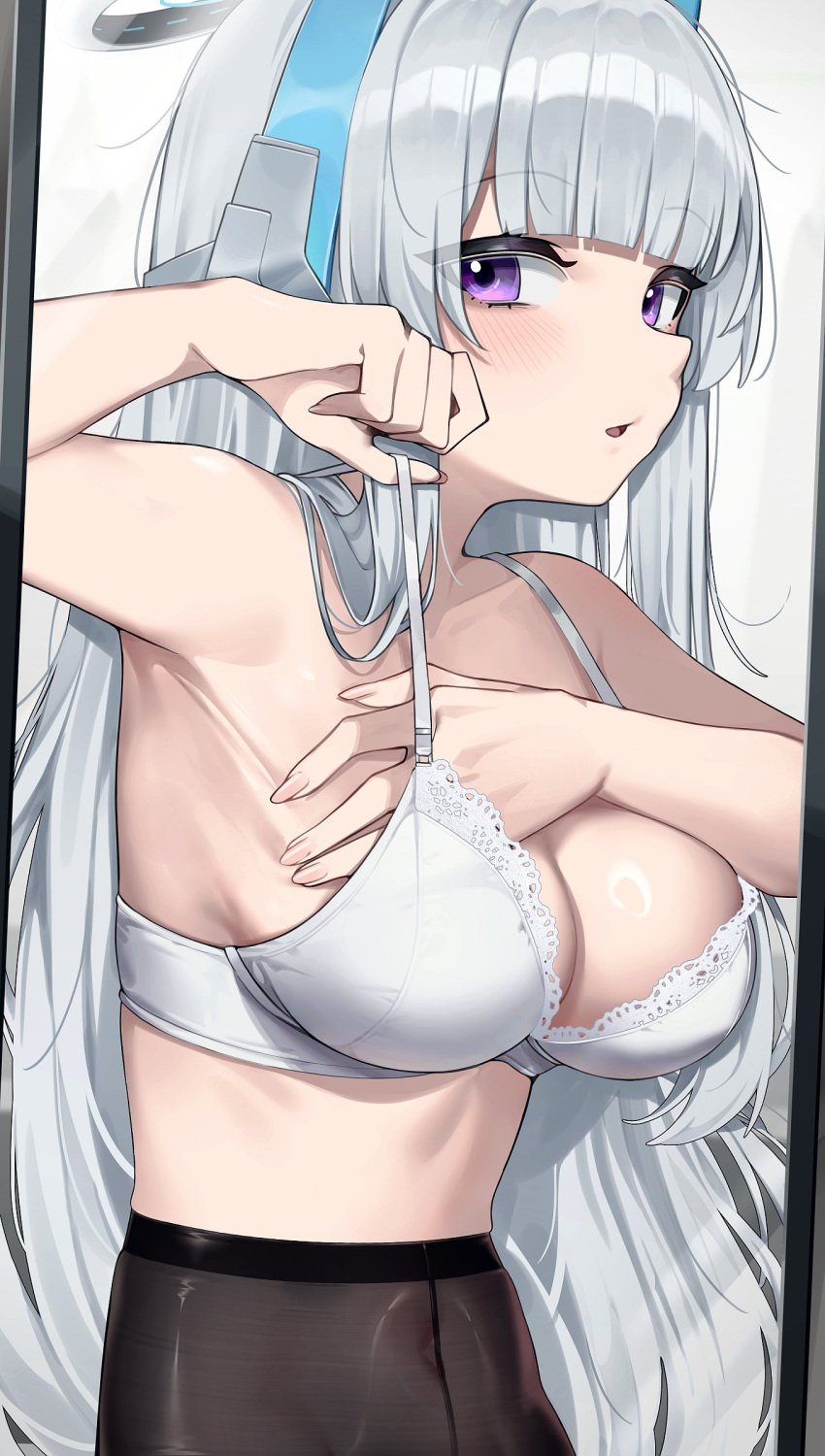 1girls absurdres adjusting_bra adjusting_clothes arm_up armpits black_pantyhose blue_archive blush bra breasts grey_hair halo hand_in_bra headgear highres lace-trimmed_bra lace_trim long_hair medium_breasts mirror navel noa_(blue_archive) pantyhose purple_eyes reflection sideways_glance solo stomach underwear upper_body wakamepiza white_bra