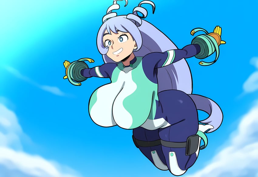 1girls ai_generated airborne bodysuit breasts_bigger_than_head female floating flying hadou_nejire huge_breasts long_hair mullon my_hero_academia nejire_hado novelai purple_eyes purple_hair smile superheroine top_heavy