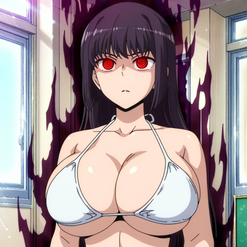 ai_generated big_breasts brainwashed brainwashing corrupted corruption dark_aura huge_breasts hypnosis hypnotized large_breasts mind_control pixai please_don&#039;t_bully_me,_nagatoro purple_hair red_eyes sana_sunomiya tagme white_bikini