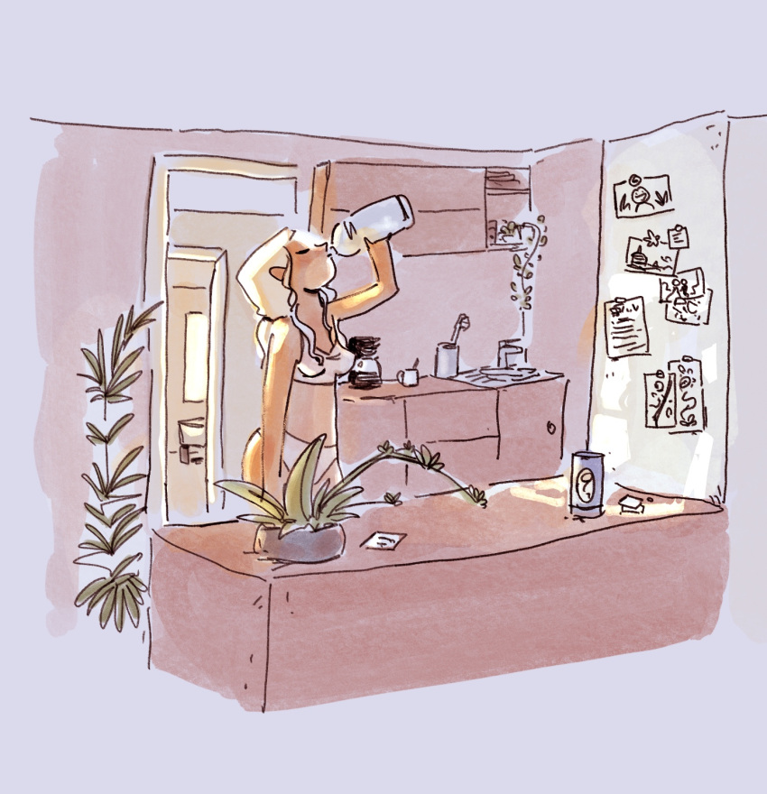 1girls bra cabinet drinking drinking_water faune female home kitchen no_sex nonsexual_nudity panties plant underwear wholesome