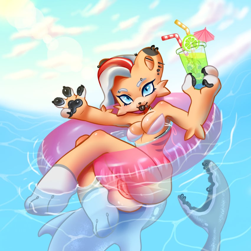 1:1 alcohol anthro beverage bikini bikini_top bottomless breasts chibi clothed clothing clothing_aside cocktail cocktail_garnish cocktail_umbrella felid female fish_tail genitals hi_res humble_goat_(humble_goat) illkillux2 lion mammal nude pantherine panties panties_aside partially_submerged paws piercing pussy sea shark_tail solo summer swim_ring swimming swimming_ring swimwear topwear topwear_only two-piece_swimsuit underwear underwear_aside water