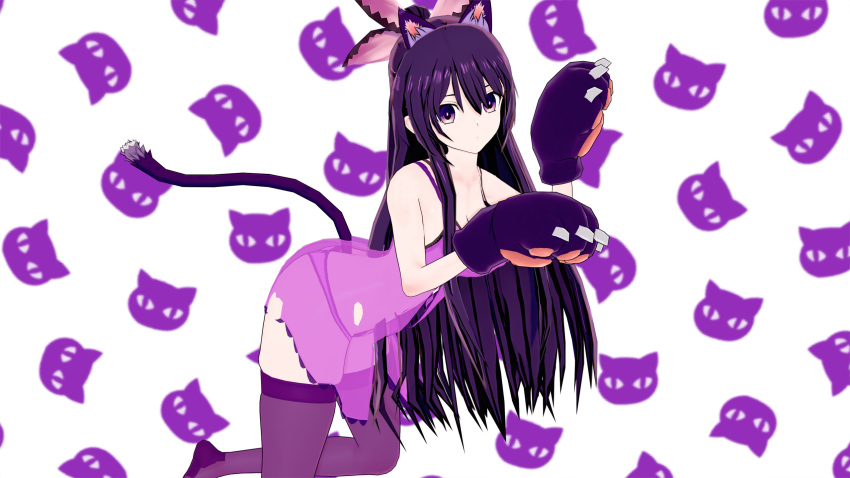 1girls 3d ass breasts cat_ears cat_paws cat_tail date_a_live koikatsu light-skinned_female long_hair looking_at_viewer medium_breasts panties purple_eyes purple_hair ribbon solo solo_female thighs yatogami_tohka