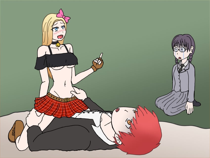 1boy 1boy2girls 2girls 2girls1boy actualtrashhuman akabane_karma alexis_woodrider_(cosplay) alt_girl assassination_classroom bare_midriff bare_shoulders bell_collar black_topwear blonde_hair boots choker clothed_sex cowgirl_position crop_top crying cucked_by_crush cucked_by_friend cuckolding cuckquean fingerless_gloves forced_to_watch gradient_hair groin hairbow humiliation implied_penetration implied_sex jealous jealousy lace-up_boots laughing long_hair middle_finger midriff miniskirt mocking nakamura_rio navel nerdy_female netorare off-shoulder_shirt okuda_manami plaid_skirt pleated_skirt public_sex punk_girl red_skirt revealing_clothes reverse_netorare sadistic skimpy skimpy_clothes skinny skinny_female skinny_legs skirt slender_body studded_belt tartan_skirt taunting underboob watching y2k