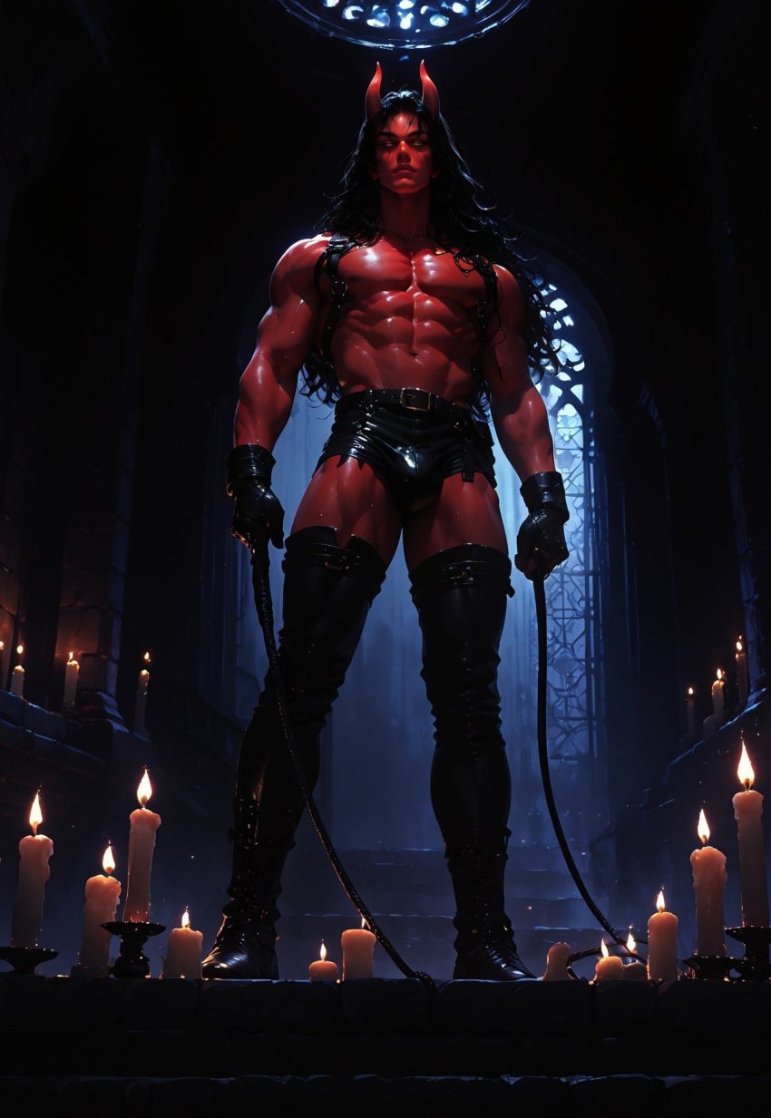 abs ai_generated biceps black_hair boots bulge cock deltoids demon devilworship handsome harness horns large_cock male male_nipples male_only nipples pants pecs red_body red_skin solo solo_male sweat sweaty sweaty_body vein veins veiny veiny_muscles