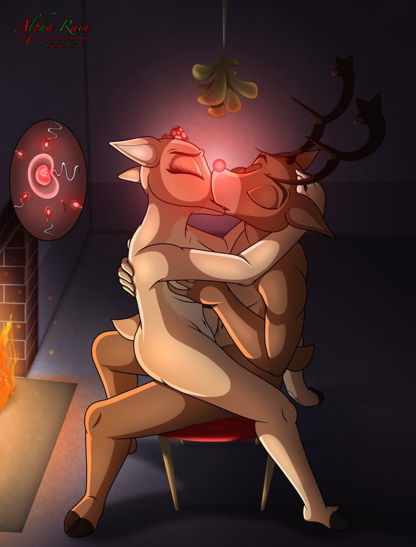 2024 absurd_res alpha_rain anthro bodily_fluids breast_grab breast_play breasts christmas clarice_(rudolph_the_red-nosed_reindeer) cum deer duo female fireplace french_kissing furniture genital_fluids glowing glowing_nose hand_on_breast hi_res holidays impregnation kissing male male/female mammal mistletoe new_world_deer nude ovum plant reindeer rudolph_the_red-nosed_reindeer rudolph_the_red-nosed_reindeer_(tv_special) sex stool unusual_sperm_cell