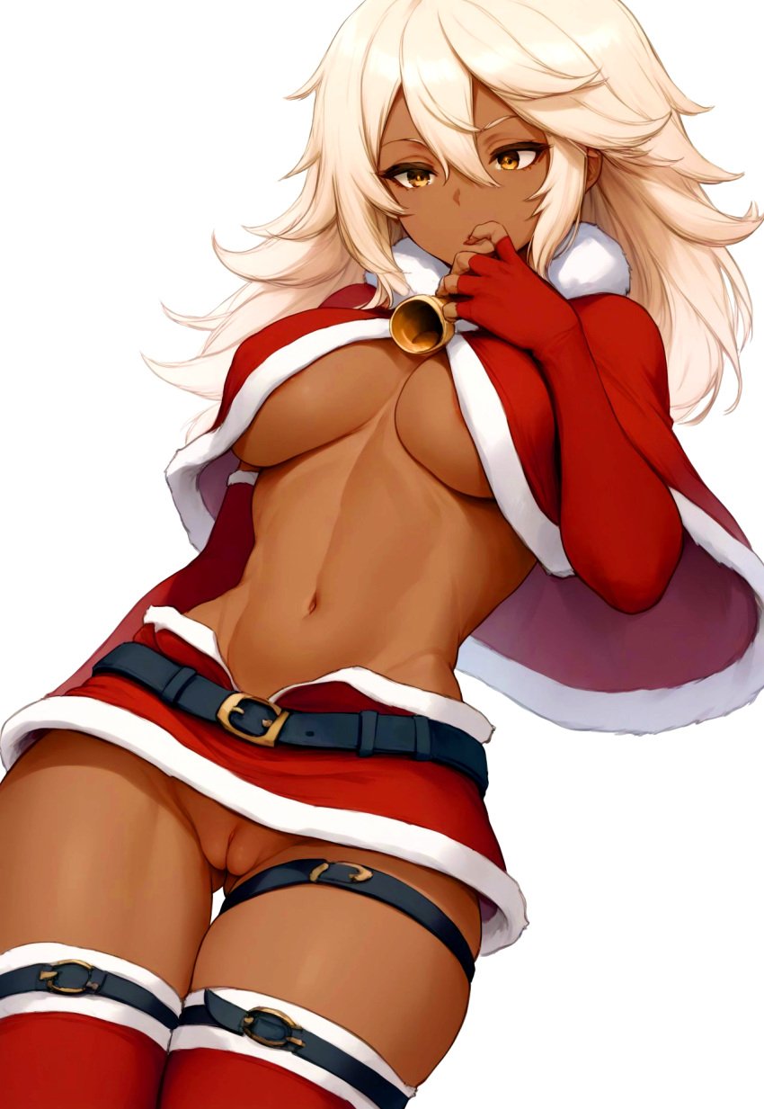 1girls amber_eyes areola areola_slip areolae areolae_slip ass ass_visible_through_thighs bell belt belt_buckle breasts_apart capelet christmas christmas_clothing christmas_outfit dark-skinned_female dark_skin elbow_gloves fingerless_elbow_gloves fur_trim fur_trim_(clothing) guilty_gear guilty_gear_strive hair_between_eyes leather_belt legs_together long_hair medium_breasts microskirt midriff navel no_panties platinum_blonde_hair pussy ramlethal_valentine red_capelet red_elbow_gloves red_skirt red_thighhighs skindentation thigh_belt thigh_gap thigh_strap thighhighs thighs_together underboob wide_hips