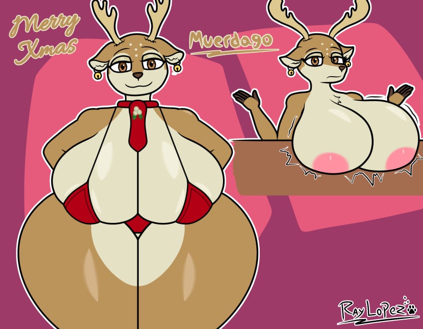 2024 anthro big_breasts big_nipples bikini breasts_out brown_eyes christmas_outfit digital_drawing_(artwork) digital_media_(artwork) earrings hi_res highres holidays looking_at_viewer merry_christmas mistletoe muérdago_(raylopez) nipples oc raylopez red_bikini reindeer reindeer_antlers simple_background smile smiling_at_viewer thick_thighs tie two_tone_fur