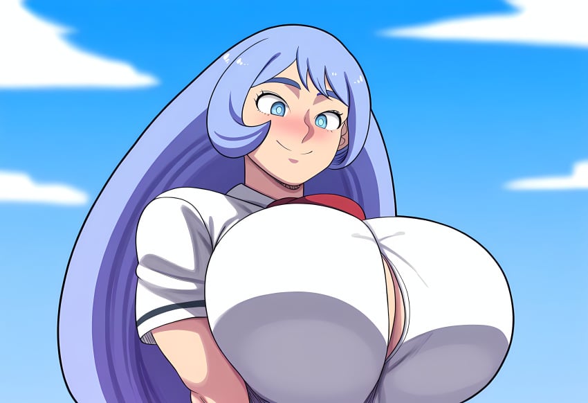 1girls ai_generated breasts_bigger_than_head female hadou_nejire huge_breasts long_hair mullon my_hero_academia nejire_hado novelai purple_eyes purple_hair school_uniform schoolgirl smile superheroine top_heavy u.a._school_uniform