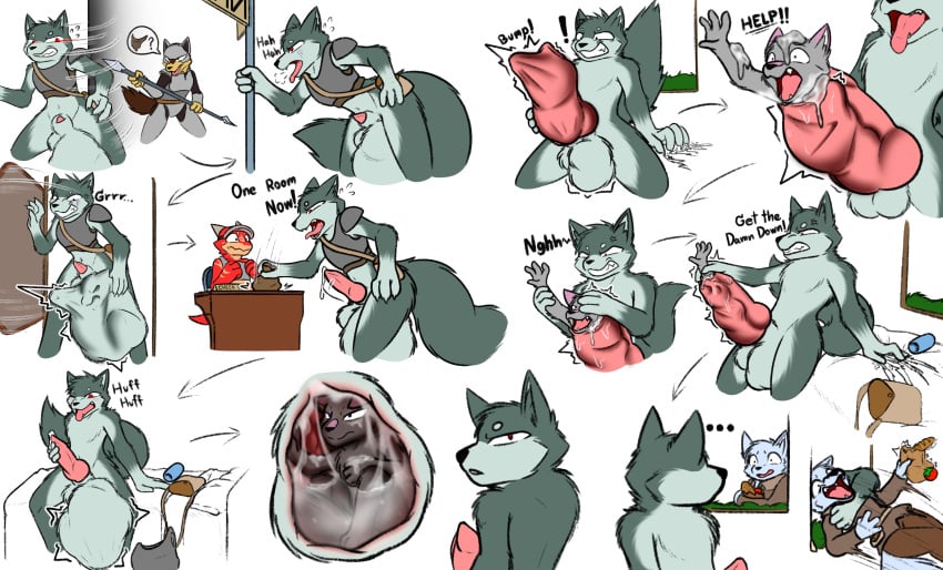 ambiguous_fluids animal_genitalia anthro arctic_fox ball_bulge bodily_fluids bounty_hunter breath canid canine canis chiri_kasamiru cock_vore cum escaping fox genital_fluids genitals group hi_res internal isari_(kasamiru) kasamiru kick knot male male/male mammal panting penile penis precum regret resisting sheath size_difference struggling trio true_fox urethral vore warino_(kasamiru) wolf