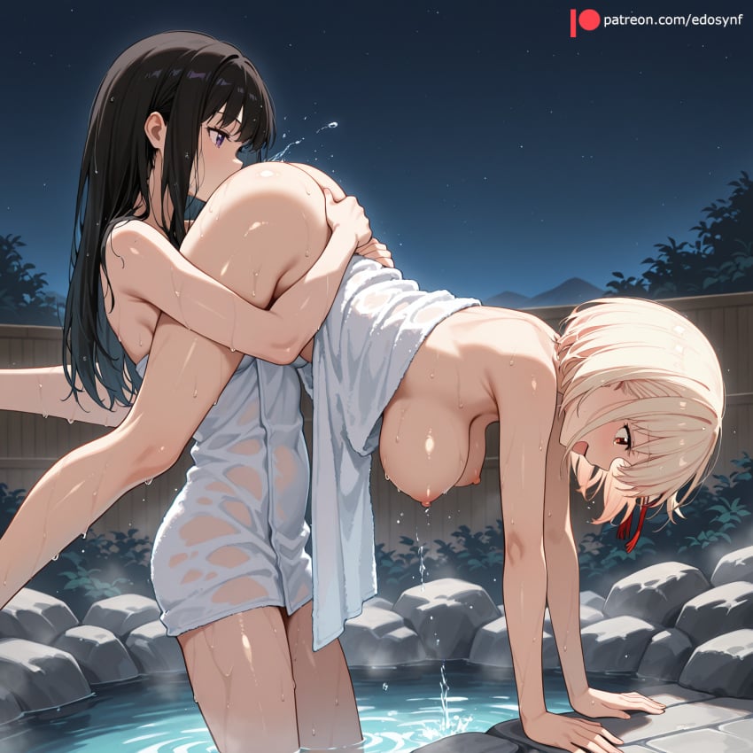 2girls ai_generated arm_around_waist ass back bare_shoulders black_hair blonde_hair blush breasts breasts_out carrying carrying_person chisato_nishikigi clear_sky cunnilingus dripping dripping_wet eating_ass eating_out eating_pussy edosynf ejaculation feet_out_of_frame female female_ejaculation female_orgasm fence from_side hair_ribbon hand_on_another's_ass hand_on_another's_hip handstand happy highres huge_ass implied_cunnilingus inoue_takina large_breasts lesbian_sex light_blush long_hair lycoris_recoil medium_breasts multiple_girls naked_towel night night_sky nipples nishikigi_chisato onsen open_mouth oral orgasm outdoors purple_eyes pussy_juice red_eyes red_ribbon ribbon self_upload serious shiny shiny_hair shiny_skin short_hair sideboob star_(sky) starry_sky thick_thighs thighs towel upside-down water wet wet_body wet_hair white_towel wooden_fence yuri