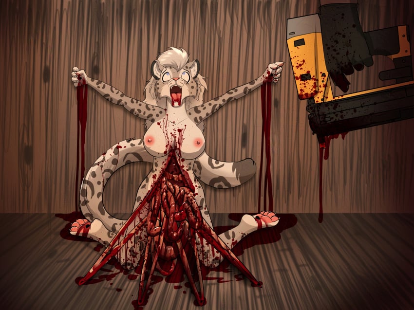 4_toes anthro areola blood blood_from_mouth blood_in_mouth blood_on_face blood_on_ground blood_pool bodily_fluids breasts corpse death digital_media_(artwork) disembowelment duo feet felid female female_death fingers frostbite80_(artist) fur gore guro guts hair hi_res holding_object internal intestines kneeling mammal nail_gun nailed nipples nude open_mouth organs pantherine pawpads snow_leopard snuff spots tail teeth toes wounded