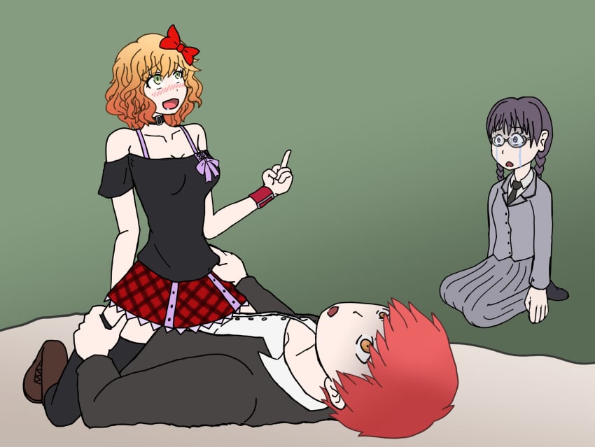 1boy 1boy2girls 2girls 2girls1boy actualtrashhuman akabane_karma alt_girl assassination_classroom bare_shoulders black_legwear black_stockings black_topwear bow_in_hair choker cucked_by_crush cucked_by_friend gradient_hair kurahashi_hinano medium_hair middle_finger miniskirt nerdy_female netorare off-shoulder_shirt okuda_manami orange_hair plaid_skirt reverse_netorare ribbon skirt straight thigh_highs wavy_hair