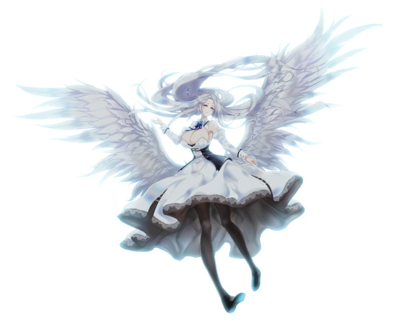 azur_lane backlighting black_pantyhose blue_eyes breasts cleavage corset dress feathered_wings full_body pantyhose rolingblade white_background white_dress wings yorktown_(azur_lane) yorktown_ii_(azur_lane)