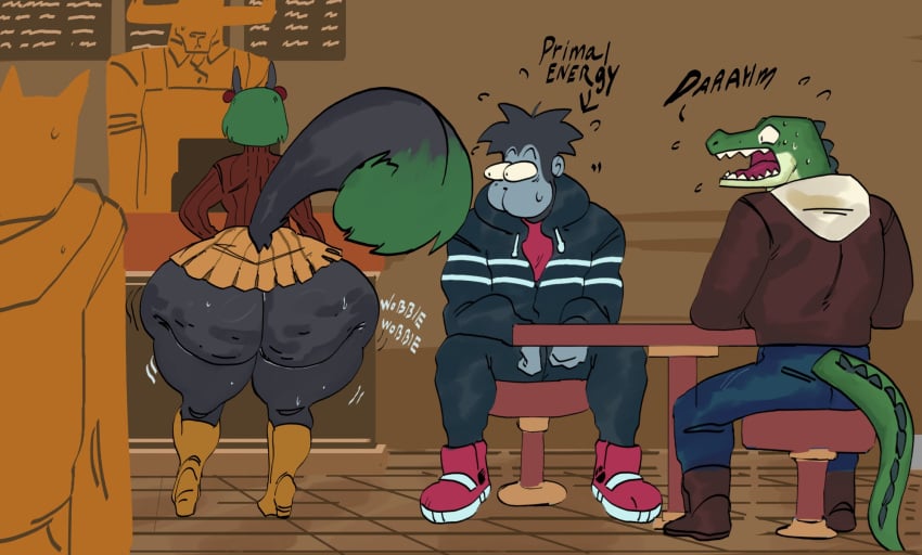 2024 2boys1girl anthro anthro_only ape ass ass_awe big_ass black_fur bushy_tail cellulite crocodile crocodilian detailed_background fully_clothed_male furry furry_only gorilla green_hair huge_ass microskirt mooncheez3 original_character public restaurant rodent rodent_humanoid scalie scalie_humanoid skirt squigga squirrel staring_at_ass sweater wardrobe_malfunction wiggle_lines