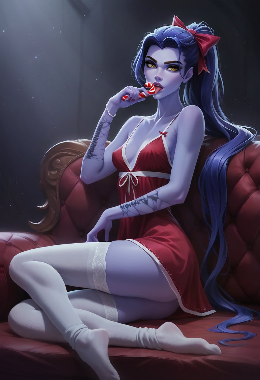 ai_generated candy candy_cane licking licking_candy lingerie overwatch ponytail ragen ragen_nsfw seductive seductive_look socks stockings thighhighs widowmaker