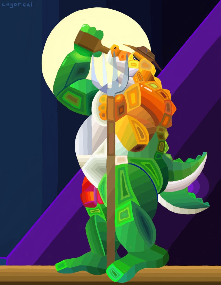 absurd_res alligator alligatorid anthro beer_bottle bottle cagorical clothing container crocodilian farmer glitch_productions gooseworx gummigoo_(tadc) gummigoo_(the_amazing_digital_circus) hat headgear headwear hi_res male male/male muscular muscular_male pitchfork reptile scalie solo standing the_amazing_digital_circus tools