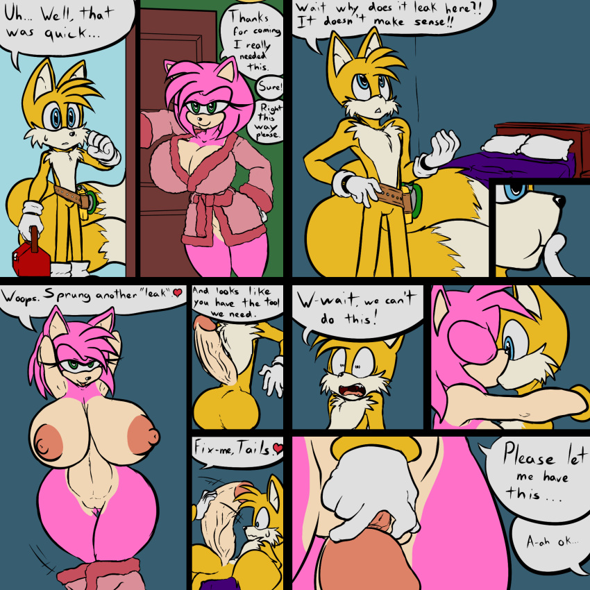 2017 amy_rose anthro areola balls big_balls big_breasts big_penis breasts canine cleavage clothed clothing comic dialogue duo english_text erect_nipples erection female fox hedgehog huge_balls huge_breasts huge_cock imminent_sex kissing little-gray-bunny male mammal navel nipples nude penis pussy sonic_(series) tails text