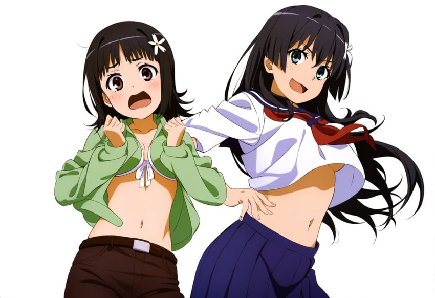 2girls ai_generated belly_button cleavage itsuwa light-skinned_female light_skin long_hair looking_at_viewer midriff navel sailor_collar saten_ruiko short_hair to_aru_majutsu_no_index underboob