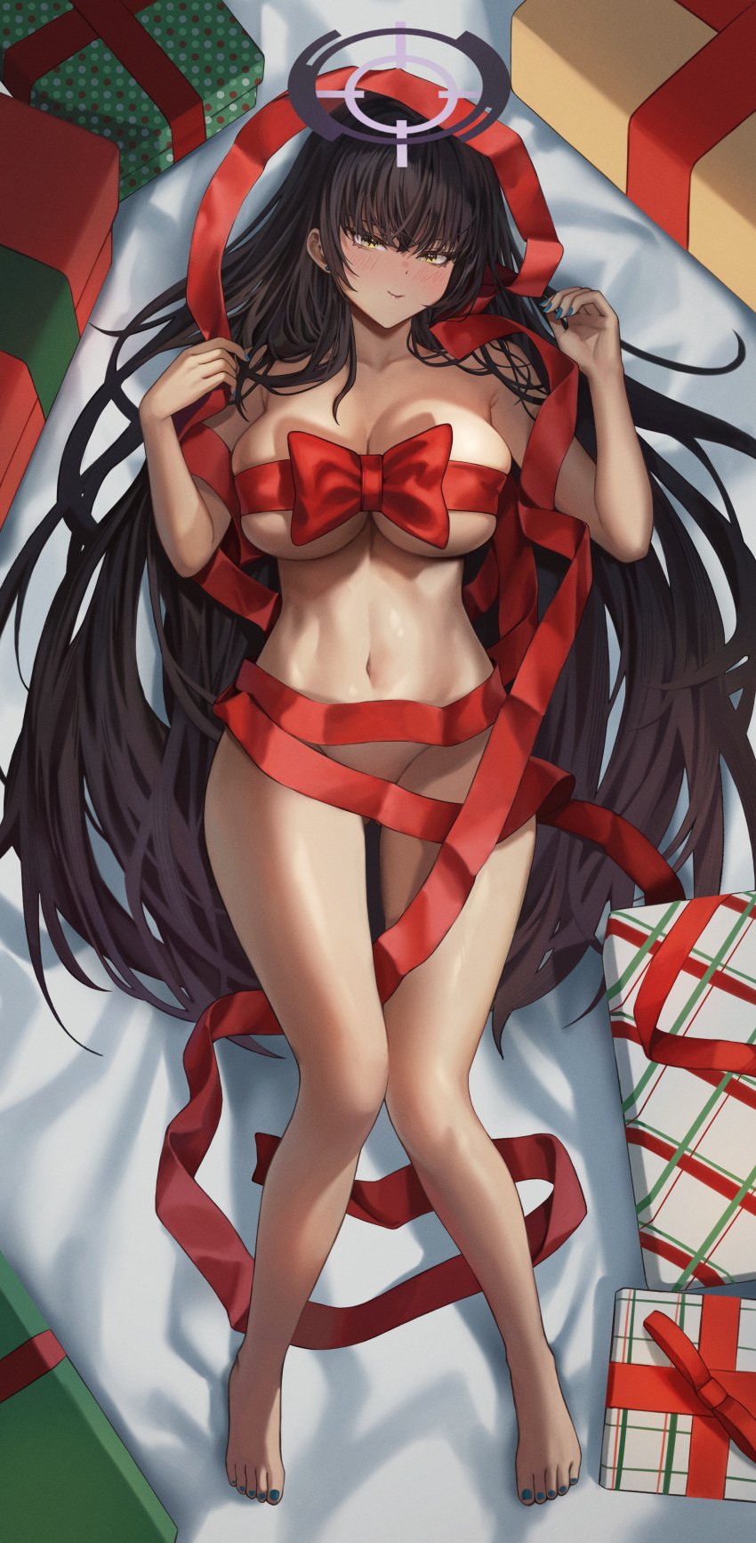 absurdres ass_visible_through_thighs barefoot black_hair blue_archive blue_nails blush box breasts collarbone dakimakura_(medium) dark-skinned_female dark_skin earrings feet female full_body gift gift_box hair_between_eyes hair_spread_out halo highres jewelry karin_(blue_archive) large_breasts legs long_hair looking_at_viewer lying nail_polish naked_ribbon navel on_back purple_halo red_ribbon ribbon riro_(rir_0) skindentation smile solo stomach stud_earrings thighs toenail_polish toenails toes very_long_hair yellow_eyes