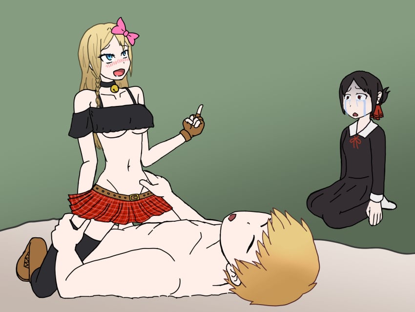 1boy 1boy2girls 2girls 2girls1boy actualtrashhuman alexis_woodrider_(cosplay) alt_girl bangs bare_midriff bare_shoulders bell_collar belt black_legwear black_stockings black_topwear blonde_hair blue_eyes boots bow_in_hair choker clothed_female_nude_male clothed_sex cowgirl_position crop_top crying cucked_by_crush cucked_by_friend cuckolding cuckquean fingerless_gloves flat_stomach forced_to_watch golden_hair gradient_hair groin hairbow hayasaka_ai humiliation implied_penetration jealous jealousy kaguya-sama_wa_kokurasetai_~tensai-tachi_no_renai_zunousen~ lace-up_boots laughing long_hair middle_finger midriff miniskirt mocking navel netorare nude_male_clothed_female off-shoulder_shirt off_shoulder plaid_skirt pleasure_face pleated_skirt punk_girl red_skirt revealing_clothes reverse_netorare sadistic shinomiya_kaguya shirogane_miyuki skimpy skimpy_clothes skirt straight studded_belt tartan_skirt taunting thigh_highs underboob watching y2k