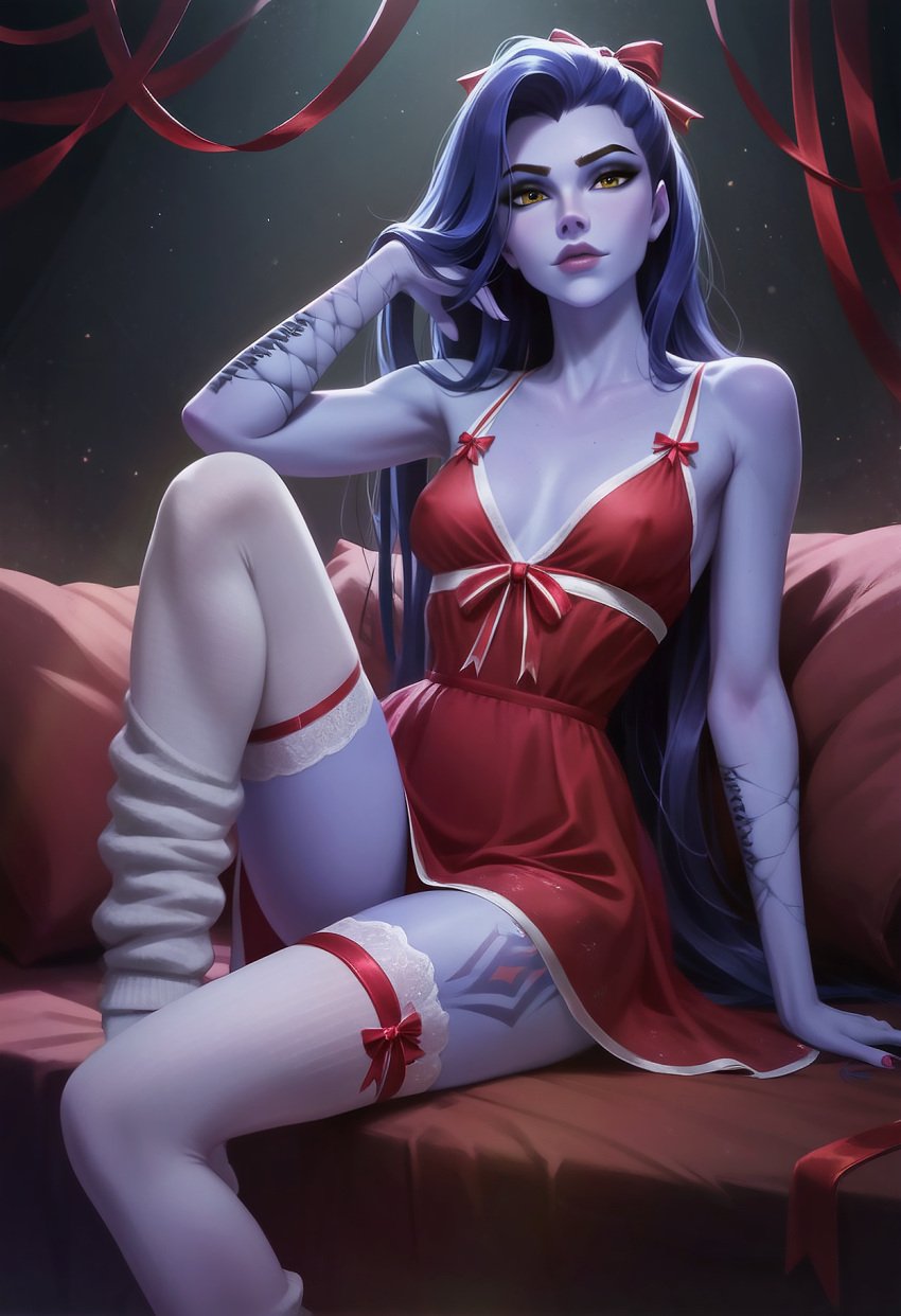 ai_generated erect_nipples lingerie long_socks loose_socks overwatch ragen ragen_nsfw ribbons seductive seductive_look seductive_smile socks stockings thighhighs touching_hair widowmaker