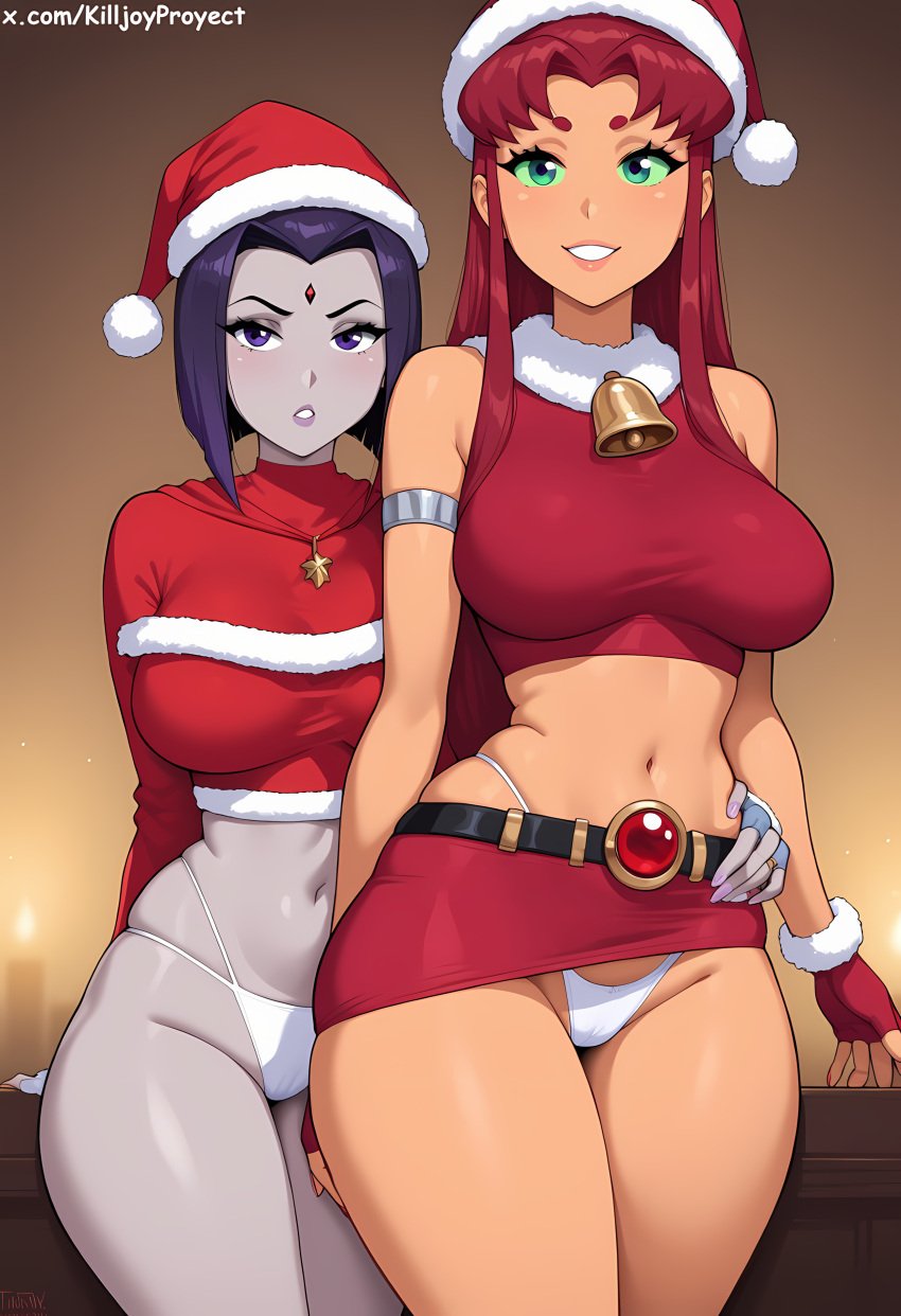 ai_generated christmas christmas_clothing dc killjoyproject rachel_roth raven_(dc) starfire tagme teen_titans thong yuri