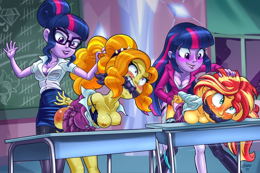 adagio_dazzle classroom equestria_girls friendship_is_magic gag my_little_pony pleasure_face pulling_hair purple_skin sex shaxbert spanking strap-on sunset_shimmer twilight_sparkle_(mlp) yuri