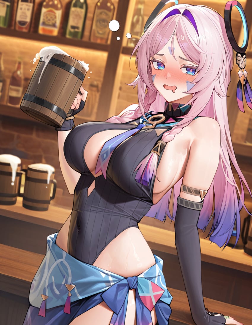 1girls ai_generated alcohol beer blue_eyes breasts citlali_(genshin_impact) drink drinking drunk female genshin_impact hip_vent hourglass_figure large_breasts leotard looking_at_viewer pink_hair sideboob smile tavern twin_braids