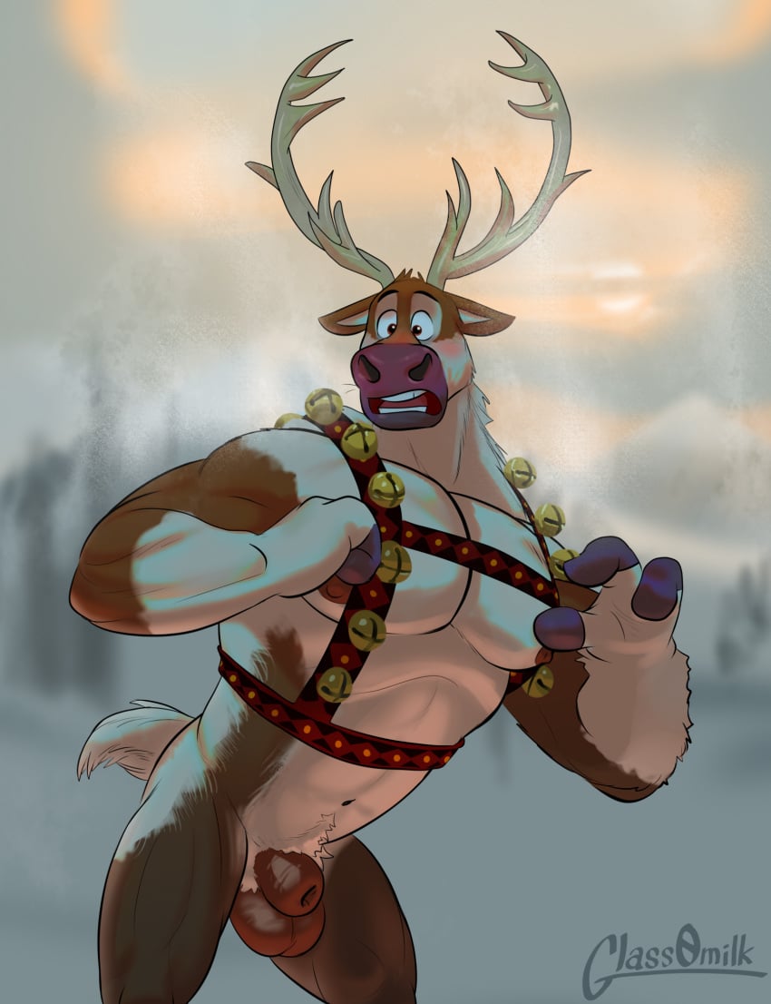 2024 3_fingers abs animal_genitalia anthro anthrofied antlers areola balls bell biceps big_muscles blurred_background blush christmas cloud deer disney embarrassed fingers frozen_(disney) fully_sheathed fur genitals glass0milk harness hi_res holidays hooved_fingers hooves horn looking_at_viewer male mammal muscular muscular_anthro muscular_male navel new_world_deer nipples nude open_mouth outside pecs plant reindeer sheath signature snow solo standing sven_(frozen) teeth thick_arms tongue top_heavy tree tuft