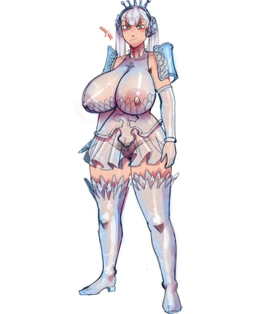 1girls armor big_areola big_breasts black_clover clothing fully_clothed hairy_pussy huge_breasts light-skinned_female nipples noelle_silva pubic_hair scharlottelambo see-through silver_hair thick_thighs transparent_clothing