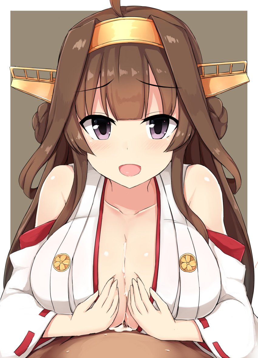 :d ahoge bangs bare_shoulders blunt_bangs blush breasts brown_background brown_hair collarbone cowgirl_position cum cum_on_body cum_on_breasts cum_on_upper_body double_bun eyebrows_visible_through_hair female headgear highres japanese_clothes kantai_collection kimono kongou_(kantai_collection) large_breasts nontraditional_miko ocha_(ochappie) open_mouth paizuri pov purple_eyes raised_eyebrows red_ribbon ribbon ribbon-trimmed_sleeves ribbon_trim shiny shiny_skin simple_background sleeveless sleeveless_kimono smile solo_focus upper_body