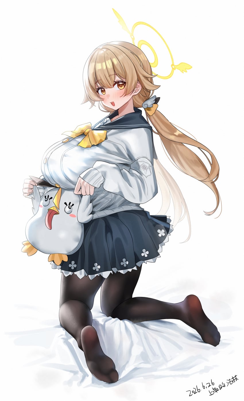 1girl aged_up big_breasts blonde_hair blue_archive halo hifumi_(blue_archive) long_hair peroro_(blue_archive) shangdi_de_fa_zhang skirt