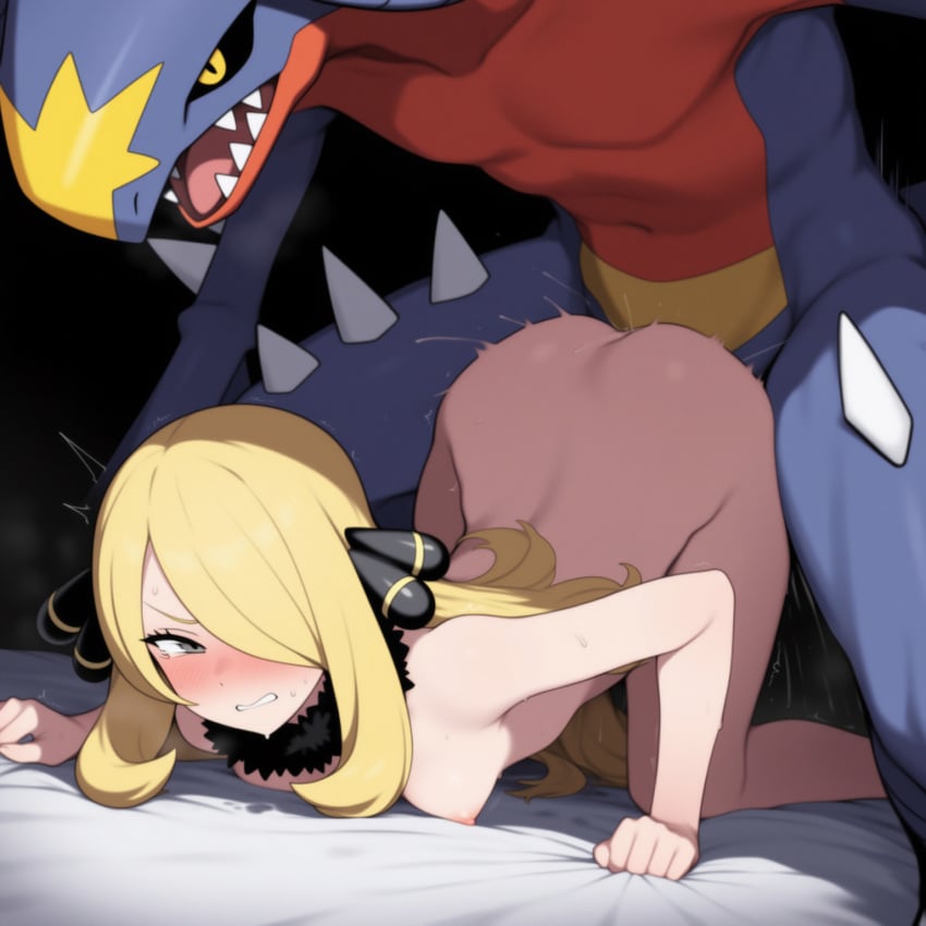 1boy 1girls ai_generated all_fours blonde_hair blush breasts clenched_teeth cynthia_(pokemon) garchomp grey_eyes hair_over_one_eye nude parkinson_(ai_artist) pokemon pokemon_dppt pokephilia pussy_juice sex sex_from_behind sweat tears top-down_bottom-up