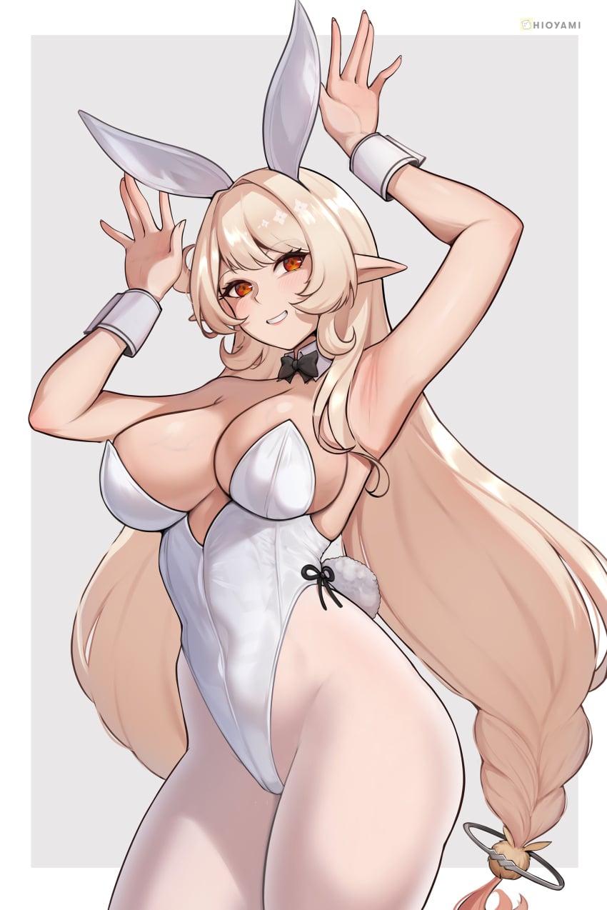 1girls alice_(genshin_impact) arms_up armwear artist_name big_breasts blonde_hair breasts brown_eyes bunny_ears bunny_tail bunnysuit cleavage fake_animal_ears fake_animal_tail female female_only genshin_impact hair headwear hioyami hips leggings legwear lips long_hair mature mature_female mature_woman milf mother neckwear pointy_ears solo solo_female tail thighs white_bunnysuit wrist_cuffs