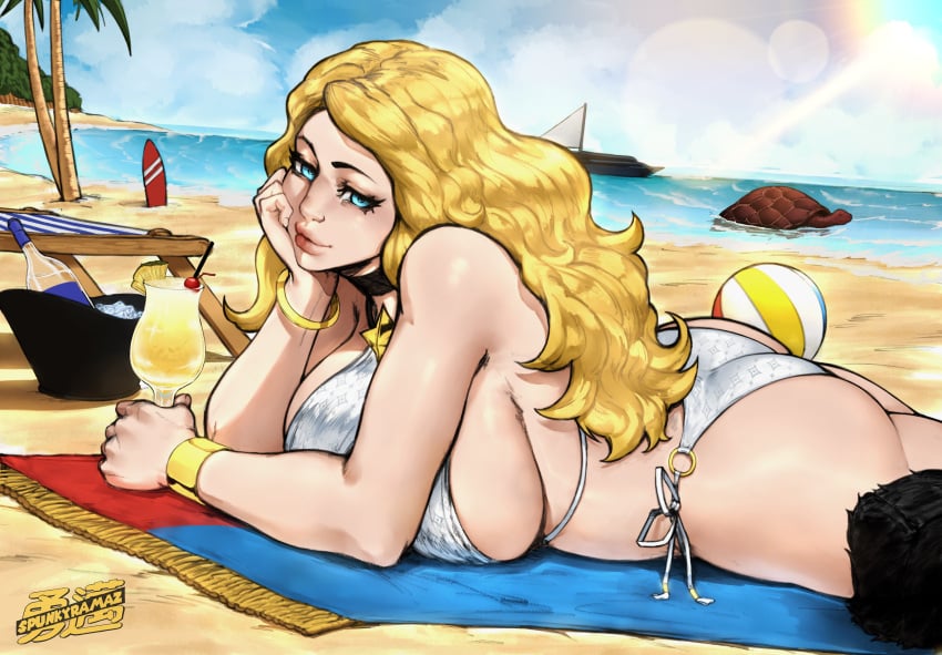 1girls absurdres alcohol artist_name ass ball_(object) beach beach_ball beach_chair beach_towel beachball bikini blonde_hair blue_eyes boat bracelet breasts cherry choker eyebrows eyelashes female food fruit fur_hat gold_bracelet hat highres ice jewelry kolin_(street_fighter) lens_flare lips liquor long_hair lying o-ring o-ring_bikini ocean on_stomach palm_tree pina_colada pineapple sand sideboob solo spunkyramaz straw street_fighter street_fighter_v surfboard swimsuit tagme thick_lips thick_thighs thighs tinted_eyewear towel tree turtle watercraft wavy_hair white_bikini wide_hips