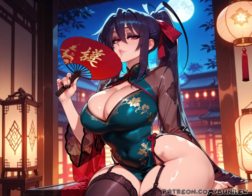 1girl 1girls ahoge ai_generated akeno_himejima bangs black_hair blush breasts breasts, bunilew camel_toe cameltoe cleavage clothed clothed_female curvy dark_hair female female_focus female_only focus fringes fully_clothed high_school_dxd himejima_akeno large_breasts nipples nipples_covered nipples_visible_through_clothing pink_eyes ponytail purple_hair pussy sfw sidelocks solo solo_female solo_focus teeth tight_clothes tight_clothing uncensored