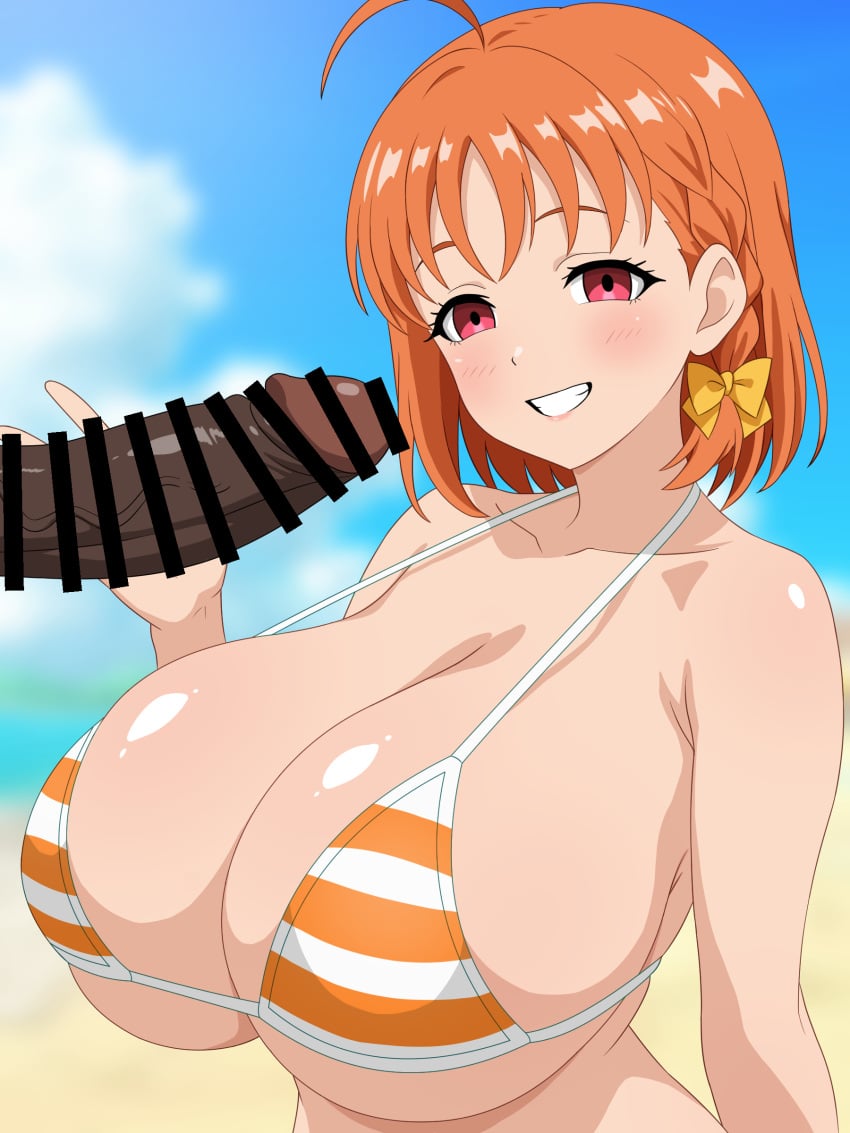 1boy 1girl absurdres ahoge alternate_breast_size_(larger) armpit_crease bar_censor beach bikini blue_sky blurry blurry_background blush bow breasts censored collarbone commentary_request dark-skinned_male dark_skin day erection eyelashes hair_bow hand_up hetero highres huge_breasts interracial large_penis large_variant_set looking_at_viewer love_live! love_live!_sunshine!! medium_hair micro_bikini migikoba orange_bikini orange_hair outdoors paid_reward_available penis pink_eyes sky smile striped_bikini striped_clothes swimsuit takami_chika upper_body variant_set very_dark_skin yellow_background